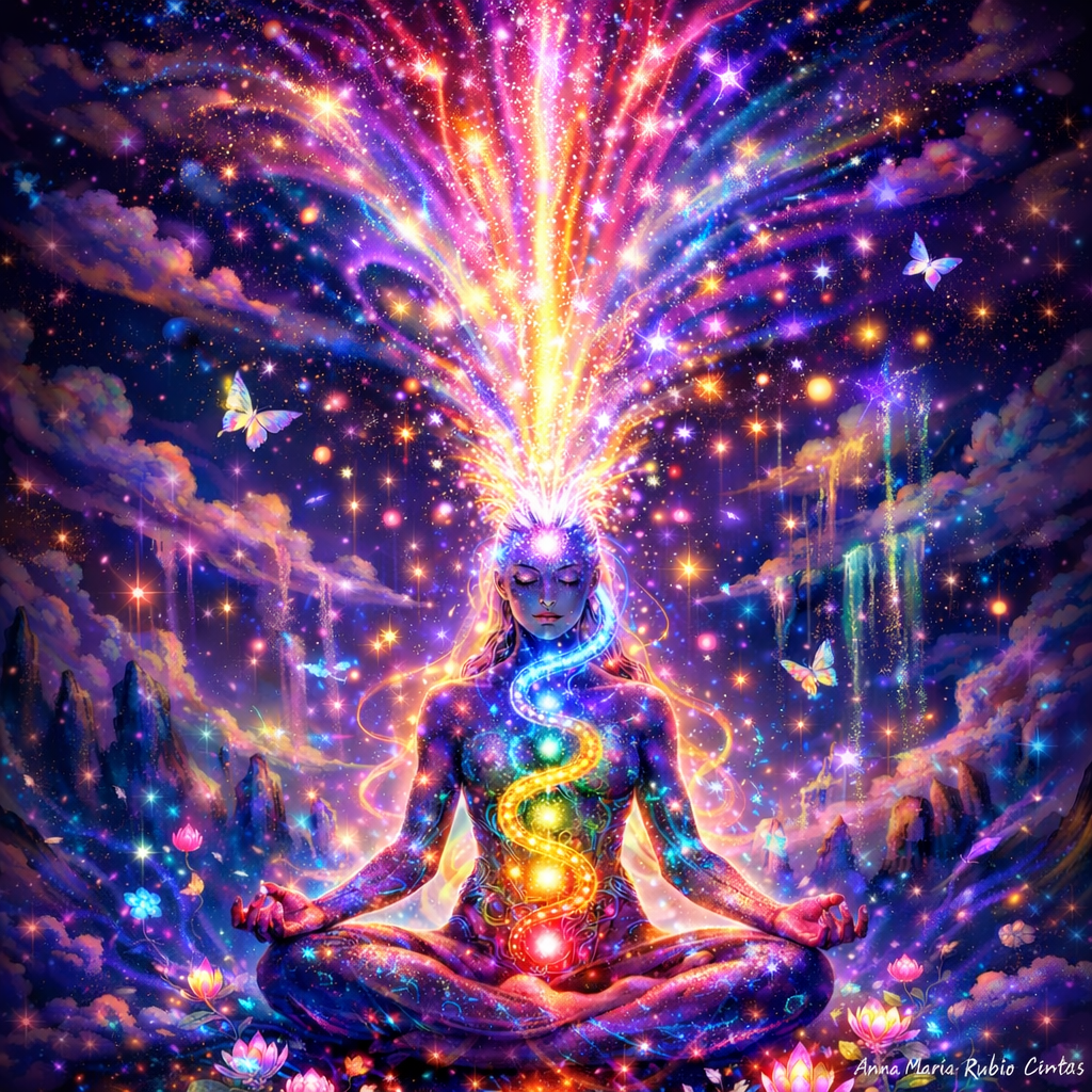 Representación del ascenso de la energía Kundalini hacia el chakra corona desde un enfoque energético y consciente