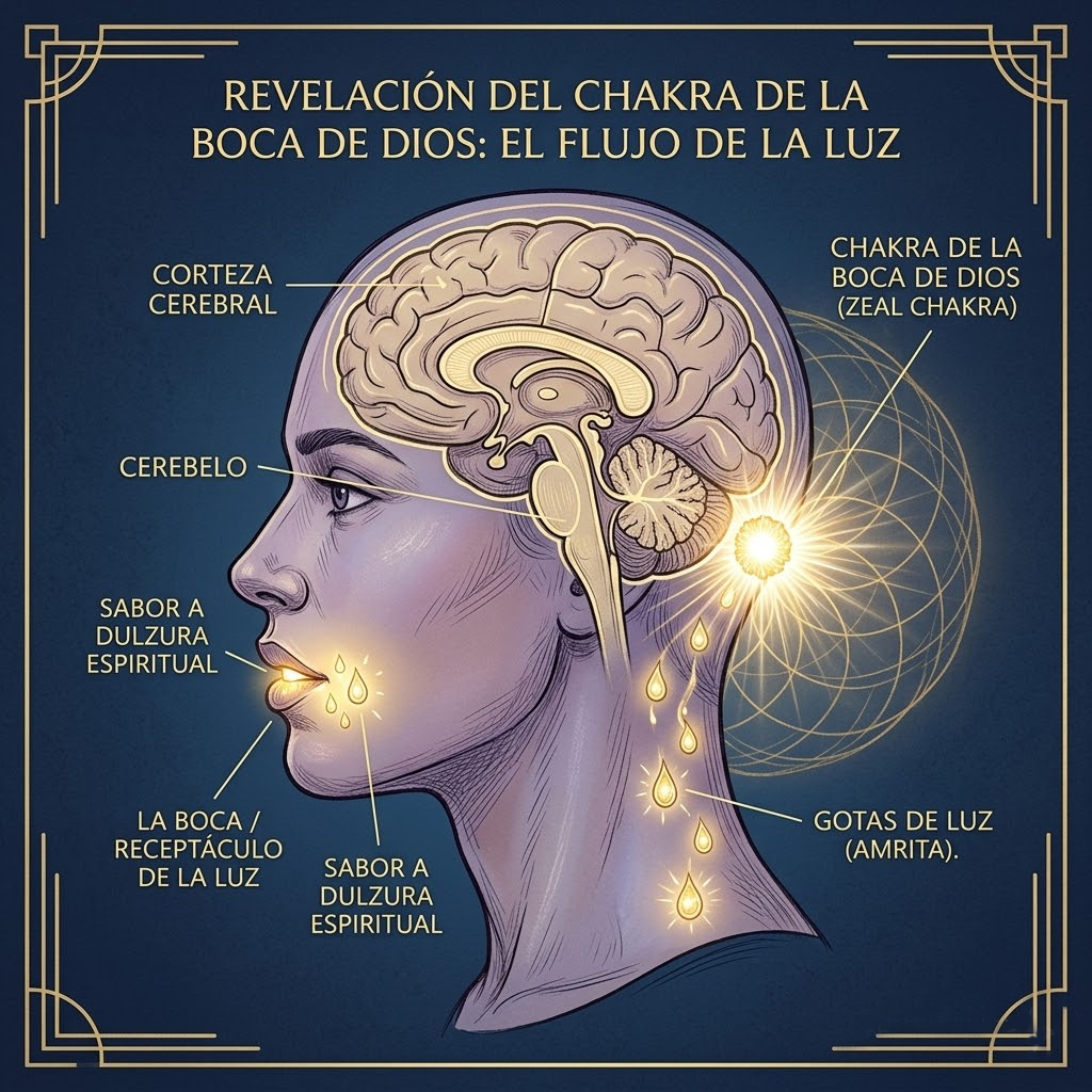 Ilustración de perfil de una cabeza humana con un diagrama del cerebro y elementos espirituales. En la base del cráneo brilla un punto de luz intensa que representa el "Chakra de la Boca de Dios" (Zeal Chakra), del cual emanan gotas doradas de luz que fluyen hacia la boca de la persona. La imagen incluye anotaciones en castellano que identifican partes del cerebro y conceptos espirituales como "Amrita" y "Sabor a dulzura espiritual". El estilo es de dibujo técnico artístico con un fondo azul oscuro y un marco decorativo dorado.