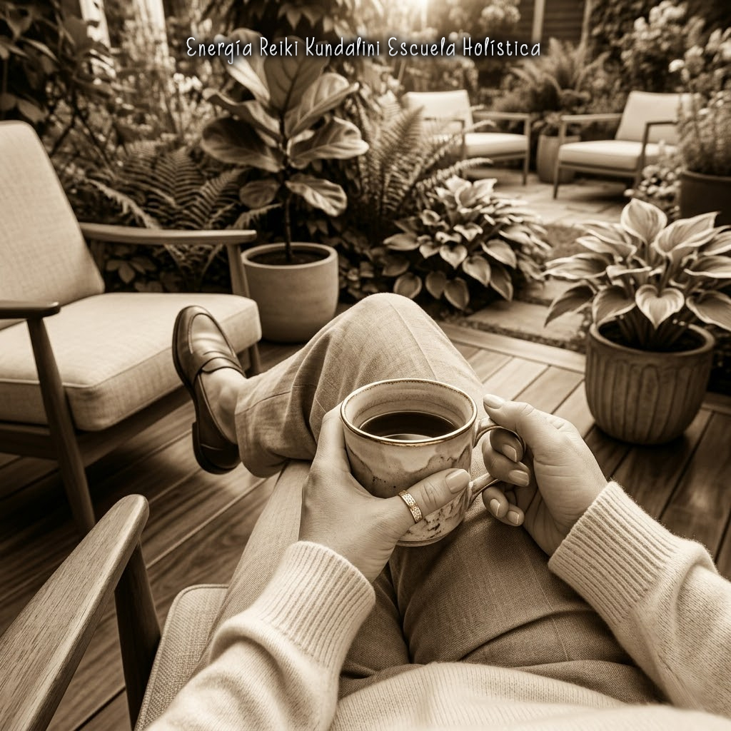 Primer plano en tono sepia de una mujer sentada en un jardín elegante, sosteniendo una taza de café con ambas manos mientras descansa. Se aprecian plantas naturales y una atmósfera de calma y equilibrio, representando un momento de pausa consciente en Energía Reiki Kundalini Escuela Holística.