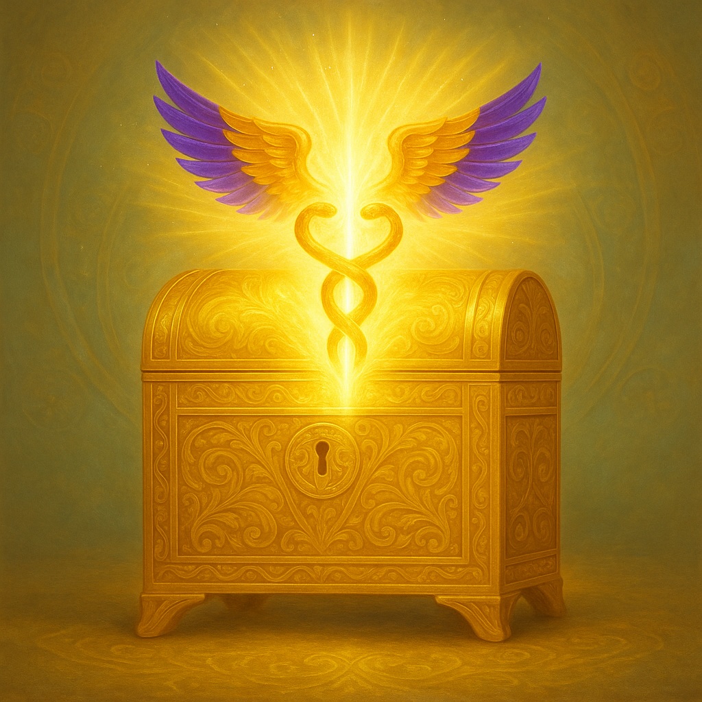 Cofre dorado ornamentado con grabados místicos y luz radiante emanando desde su interior, coronado por un caduceo alado con alas púrpuras y doradas que simbolizan la ascensión Kundalini y la energía de manifestación de la Caja de Oro.