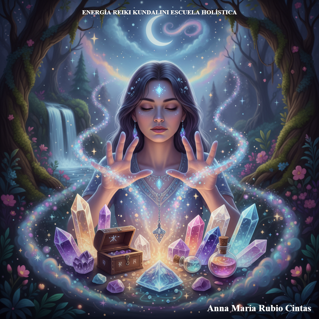 Una imagen mágica y colorida de una mujer iniciando cristales y objetos con Reiki Kundalini