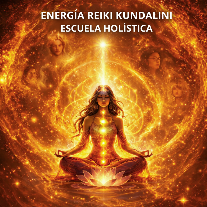 Persona meditando rodeada de energía dorada sanando el karma de vidas pasadas con Reiki Kundalini