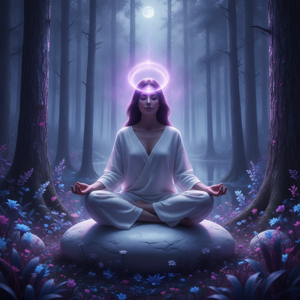 una mujer con un remolino de energía púrpura blanca limpiando su chakra del tercer ojo para obtener la videncia